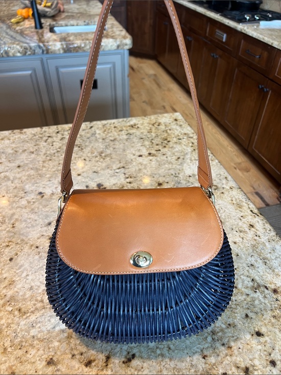 J Mclaughlin Handbags - BEAUTIFUL  J. McLaughlin NAVY Wicker Shoulder Bag w brown leather strap